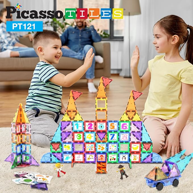 PicassoTiles 121 pc Master Builder Magnetic Building Block Construction Set Magnet Tiles Blocks with Car Truck, 2 Character Action Figures, 28 Educational Alphabet Animal and Number Graphics