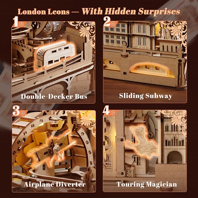 ROBOTIME Wooden Town Marble Run - 3D Wooden Puzzles for Adults EGB01 Night City Marble Run Kit - Wooden Puzzle Models for Adults to Build - Space/STEM/Engineering Gift