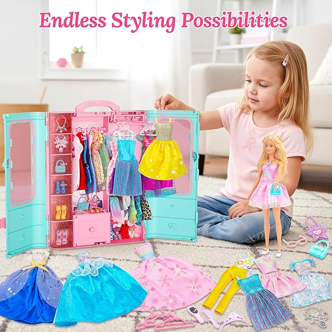 Style Shine 70 Pcs Doll Closet with Clothes & Accessories Playset,2 Wedding Gowns 6 Fashion Dresses 2 Tops 2 Pants 2 Swimsuits 10 Shoes 20 Hangers 27 Accessories Toys for Girls Kids Gifts