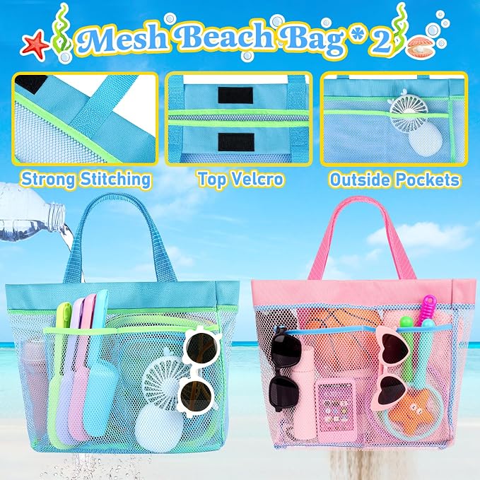 Collapsible Beach Buckets for Kids, 4 Packs Foldable Sand Buckets and Shovels with Mesh Beach Bag, Silicone Sand Pails for Toddlers Beach Toys, Easter Egg Hunt, Camping, Travelling, Fishing Water Pail