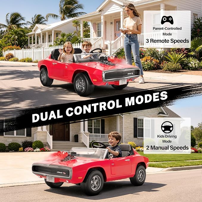 Licensed 1970 Dodge Charger 24V Ride on Toys for Big Kids, 2 Seater Ride on Car with Parent Remote Control, Dual 120W Motors, Bluetooth Music, LED Lights, Hood Supercharger with Mist, 5 MPH