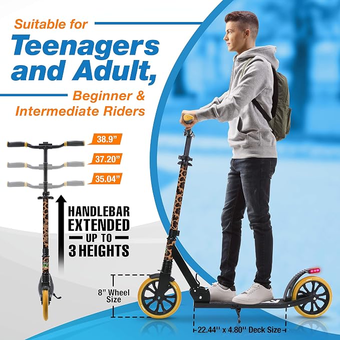 SereneLife Kick Scooter Adult Teenagers Kids- 2 Wheel Kids Scooter with Adjustable T-Bar Handlebar - Alloy Anti-Slip Deck - Portable Folding Scooters for Kids with Carrying Strap - Leopard
