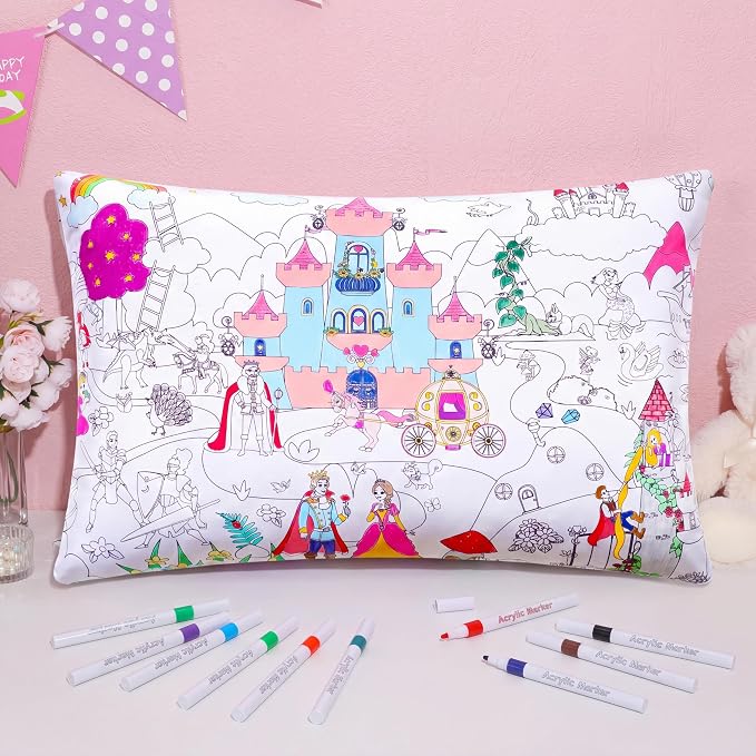 Mindsoft Coloring Craft Coloring Pillowcase Pillow Covers with 12 Pcs Markers Pens for Decoration Supplies Craft, 28.7 x 19.7 Inch (Fairy Tale)