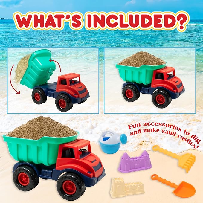 Kiddie Play Beach Toys Sand Toys for Kids, Beach Dump Truck Set Includes Sand Castle Molds, Shovel, Rake, Watering Can