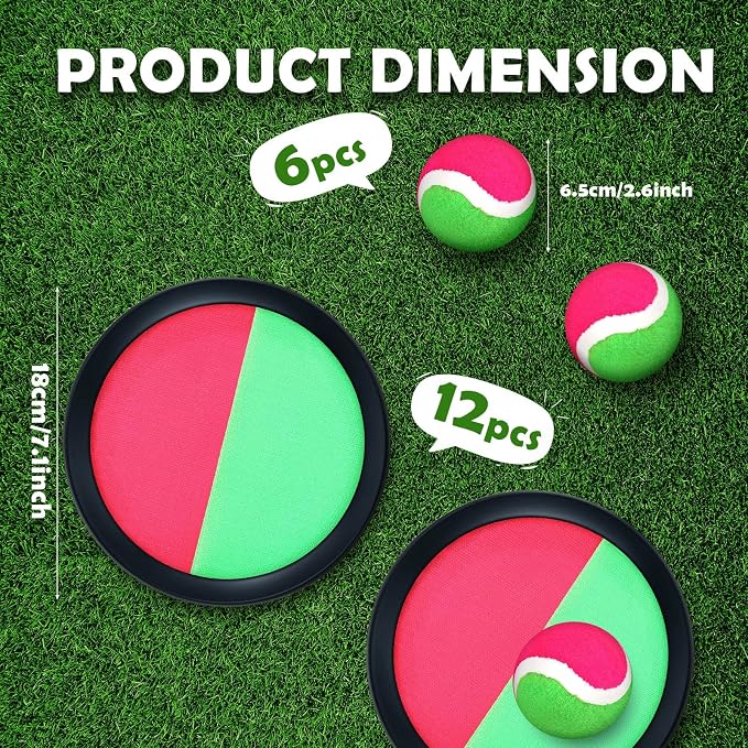 Charniol Kids Toys Toss and Catch Game Set Beach Game Outdoor Ball Sports Games Toss and Catch Ball Nylon Toys for Kids Adults (Pink, Green, Black,12 Paddles 6 Balls)