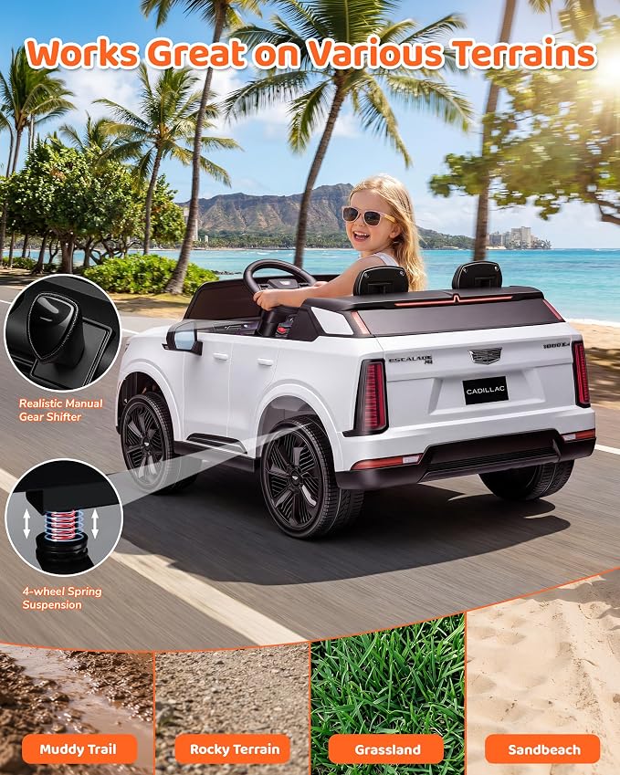 Firstness 2 Seater Ride on Car for Kids 24V Licensed Cadillac Escalade IQ Powered Wheels with Remote Control 400W Electric Ride on Toy with 3 Speed Light Music 7AH Battery Car for Kids Ages 3-8, White