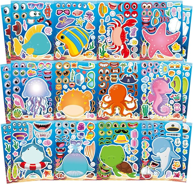 24 Sheets Ocean Stickers for Kids, Make Your Own Ocean Animals Stickers for Kids, Toddlers Classroom Art Crafts, Summer Birthday Party Favors