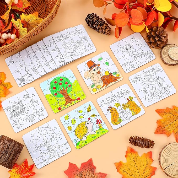 Realspring 24 Pack Fall Color Your Own Jigsaw Puzzles for Kids Ages 3-5, 4-6, 6-8, Coloring Thanksgiving Crafts DIY Paper Puzzles Party Favors Gifts for Toddler Children Learning & Education Toys