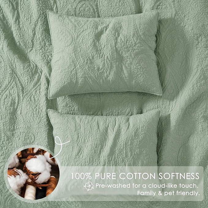 palassio Sage Green Paisley 100% Cotton Quilt Twin Size Bedding Sets with 1 Pillow Sham, Boho Floral Lightweight Farmhouse Country Vintage Soft Bedspread Shabby Chic Coverlet for All Season, 2 Pieces