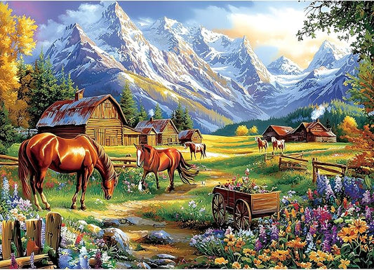 1000 Pieces Jigsaw Puzzles for Adults, Mountain Landscape Puzzles with Grazing Horses and Log Cabin for Adults and Teens Family Challenging for Game Nights (27.5 x 19.7 Inch)