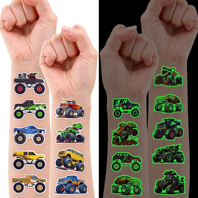 96 PCS Monster Truck Race Car Pre-Cut Luminous Glow in the dark Temporary Tattoos for Kids | Super Cute Themed Birthday Party Favors Supplies Decorations, Fake Tattoos Rewards & Gifts for Boys Girls