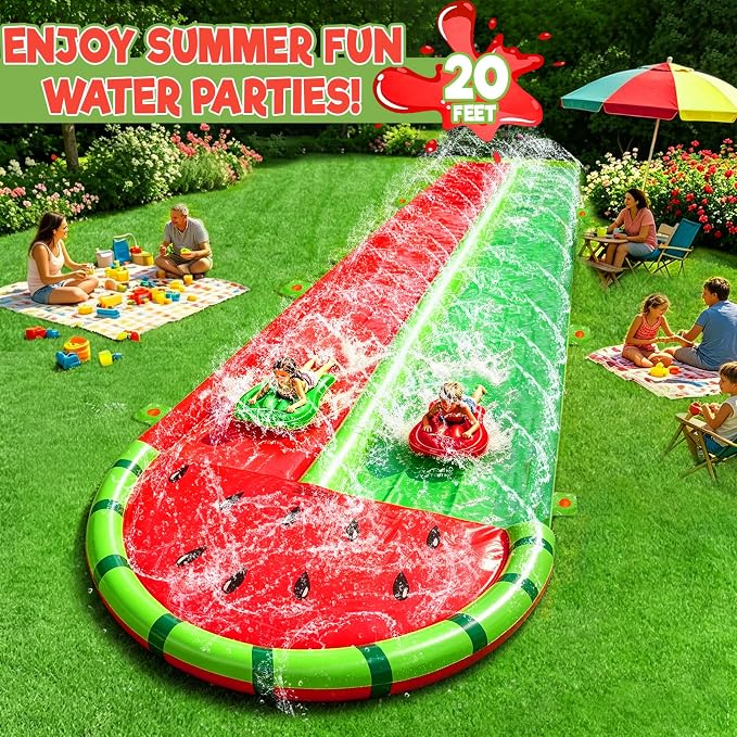 [ 3 Sided Safe Fence ] Watermelon Lawn Water Slides with 2 Bodyboards for Kids Adults, Heavy Duty Water Toys Sprinkler 2 Race Lane Outdoor Summer Beach Swimming Pool Water Game Party, 20 x 5.6 ft