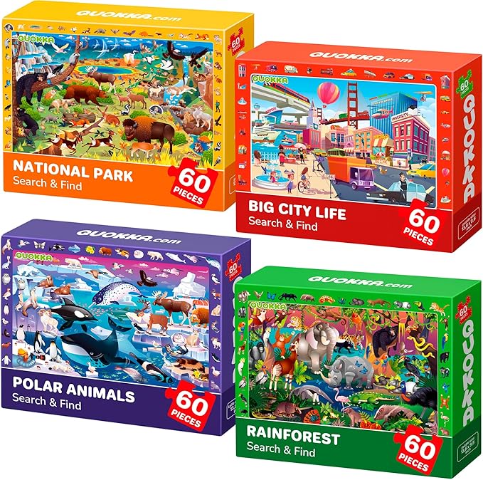 QUOKKA Puzzles for Kids Ages 4-6 - 4 x 60 Puzzles for Toddlers 5-8 - Educational Search and Find Toy for 8-10 yo for Learning Forest Polar, USA National Park Animals and City Life