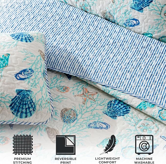 Great Bay Home Coastal Quilt Set - 3-Piece Full/Queen Size Nautical Bedding Set - Lightweight, All-Season, Reversible Coral-Printed Bedspread (Blue Coral)