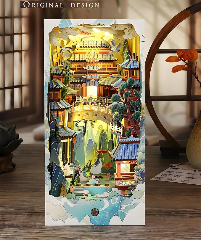 Book Nook Kit for Adults, DIY Dollhouse Booknooks Penglai Wonderland Landscape Decor Chinese Landscapes Bookshelf Insert with Dust Cover LED 3D Wooden Puzzle Assembly Model Creative Gift