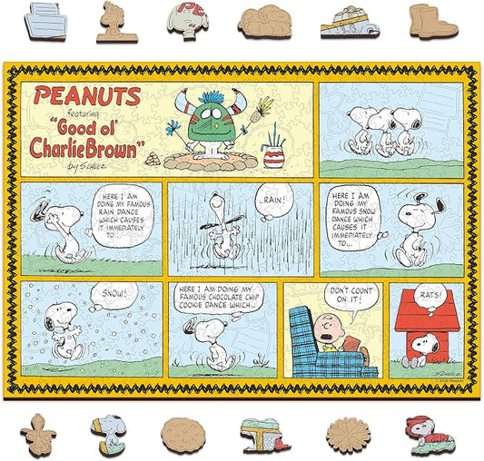 Peanuts Puzzles for Adults – Charlie Brown Wooden Puzzles, 300 Pieces Unique Shaped Jigsaw Puzzles, Snoopy Gifts for Women, 5MM Thick, Officially Licensed Merchandise – Good Ol Comic, 15.1" x 10.6"
