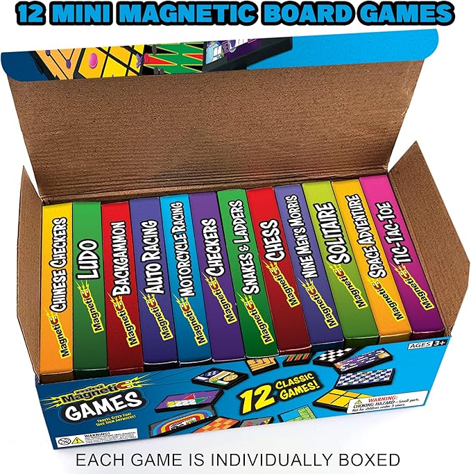 Gamie Magnetic Board Travel Games for Kids, Includes 12 Retro Fun Games - 5" Compact Design, Individually Boxed Travel Essentials for Kids 4-8, 8-12, Road Trip/Airplane/Camping, for All Ages