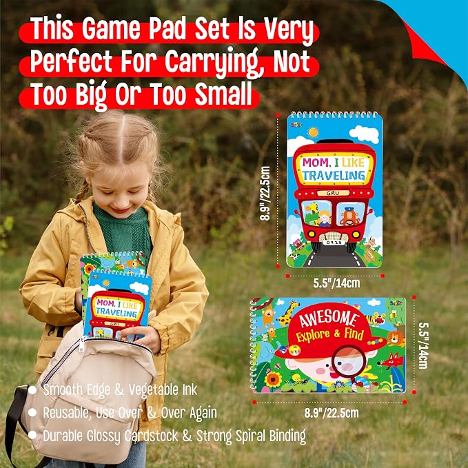 2 Travel Game Pads, 61 Dry Erase Activities Games Reusable & Erasable Book, Fun Explore & Find Brain Challenge Games Interesting Educational Toy and Learning Tool for Road Trip Airplane Travel