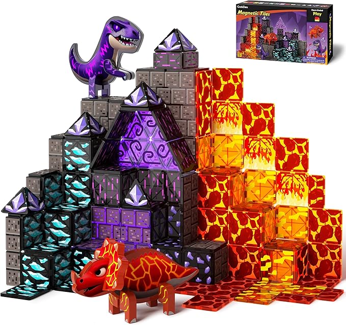 GobiDex Dinosaur Toys Magnetic Tiles Lava Cave Dinosaur World Set - Magnetic Building Blocks for Kids 3-5 5-7 Girls Boys Toys Age 4-6 6-8, STEM Sensory Toddler Birthday Gifts for 3+ Year Old Kids Toy