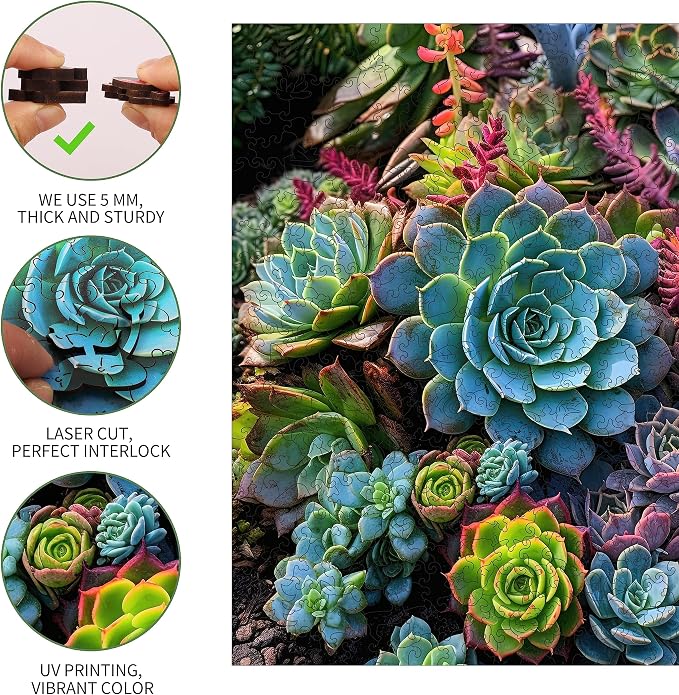 Mys Aurora Succulent Wooden Puzzles for Adults, 200 Unique Shape Jigsaw Puzzles, 5MM Thick, FSC Certified Box, Family Games for Kids and Adults
