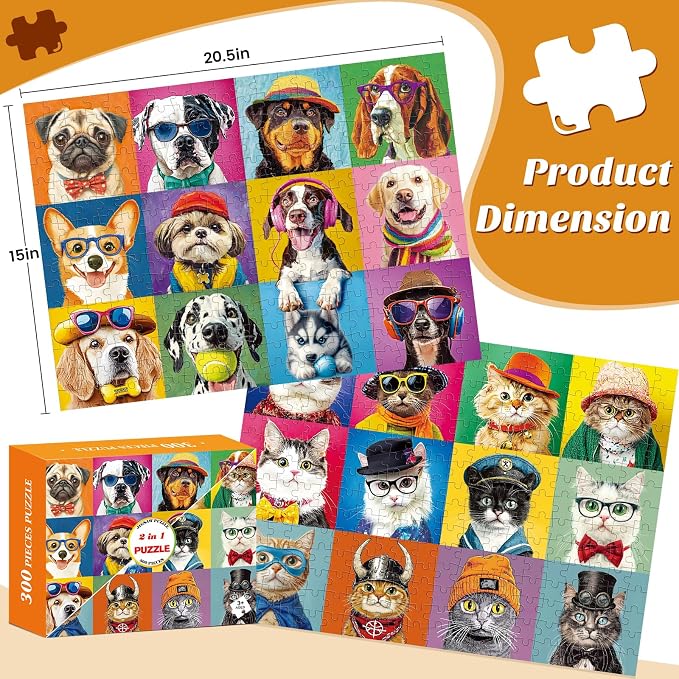 2 Pack 300 Piece Puzzle for Adults–Beautiful Cats Dogs Puzzle for Adults Teens–Large Piece Fun Jigsaw Puzzle for Kids Ages 8-10 10-12,Glossy & Sturdy Pieces,Family Game Great Gift Idea,20.5x15 in