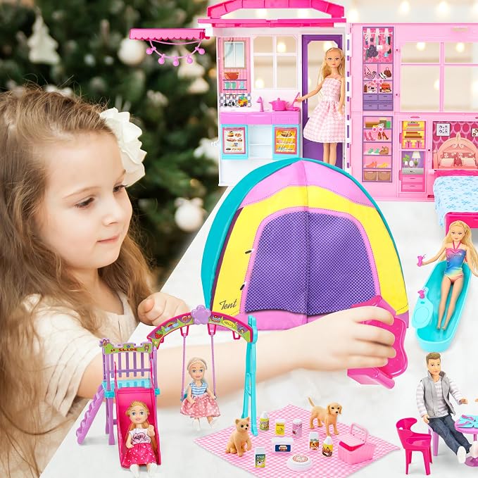 Style Shine Doll House Portable & Foldable Dollhouse w/ 60+ Pcs & 2 Dolls, Play House Toy with Bedroom Kitchen Furniture Camping Playset, Playhouse Gift for Girl Kid Toddler