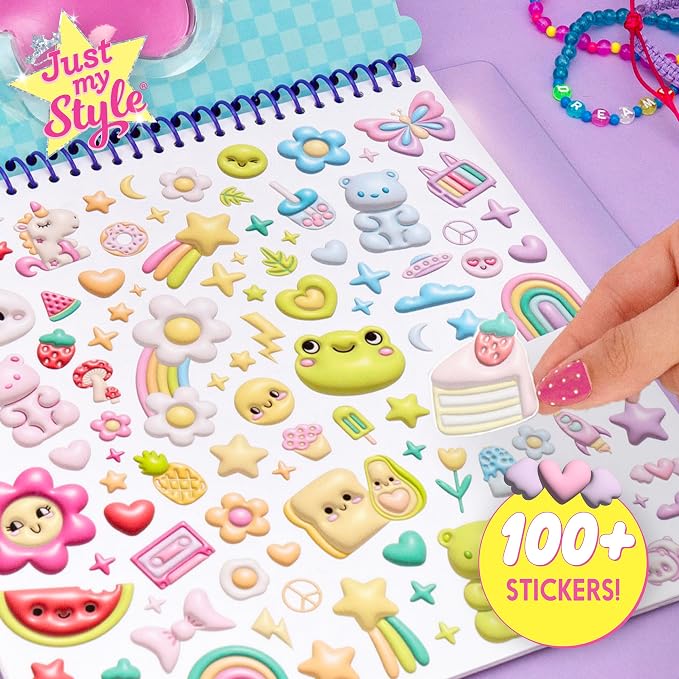 Just My Style 3D-Style Activity Book, 30 Pages of Coloring Activities, Includes Sticker, Glitter-Filled Pen, & Bonus Flower Keychain, Squishy 3D Cover, Drawing Pad for Kids, Sketchbook for Drawing
