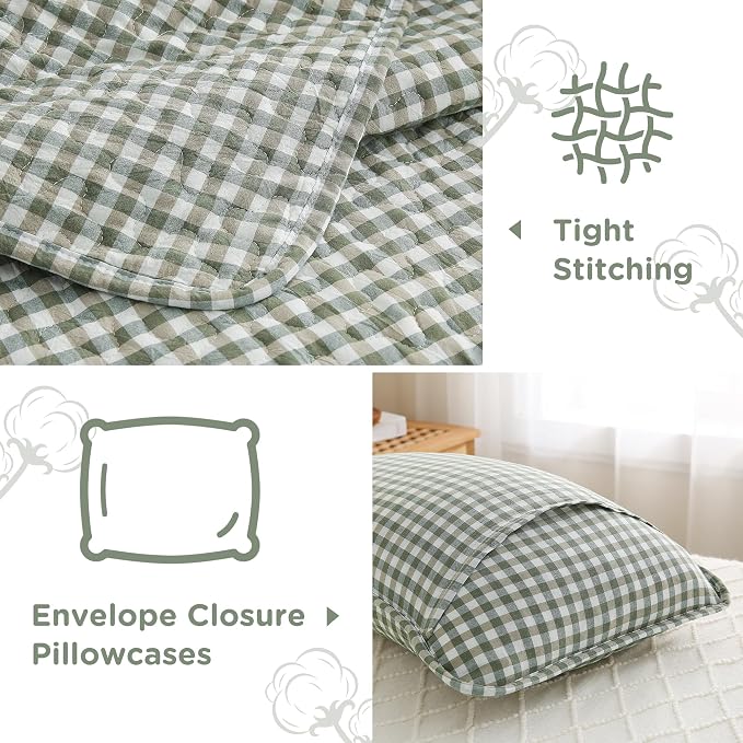TOCOMOA Green Brown Gingham Quilt Bedding Set 100% Washed Cotton Bedspread Coverlet Like Linen Feel Soft Comfy Breathable 3 Pcs Plaid Checkered Lightweight Comforter Set for All Season, King 106"x96"