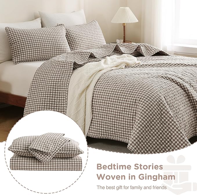 TOCOMOA Tan Gingham Quilt Bedding Set 100% Washed Cotton Bedspread Coverlet Like Linen Feel Soft Comfy Breathable 3 Piece Brown Plaid Checkered Lightweight Comforter Set for All Season, King 106"x96"