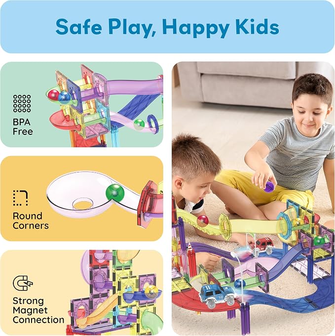 PicassoTiles 121pc Magnetic Tile Race Track Marble Run Magnet Tiles 3-in-1 Playset Car Racing Construction Set STEM Learning Early Education Building Toy Cars for School Toddlers Boys Girls Ages 3+