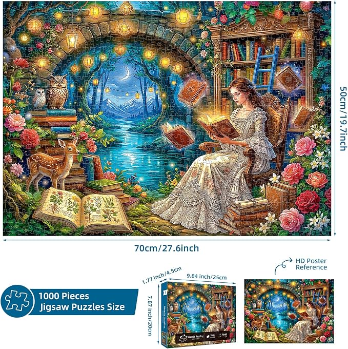 1000 Piece Puzzle for Adults, Magic Fairy Reading Jigsaw Puzzles for Adults 1000 Pieces, Fun Challenging Family Puzzle with Letters on Back, Moonlit Reading Fairy Flower Puzzles for Adults
