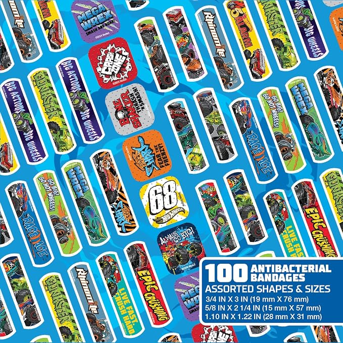 Hot Wheels Monster Trucks Antibacterial Kids Bandages, 3 Assorted Sizes 100 CT | Wear Like Stickers, Flexible Adhesive Bandages for Minor Cuts, Scrapes, and Burns. Great Gift idea for Kids