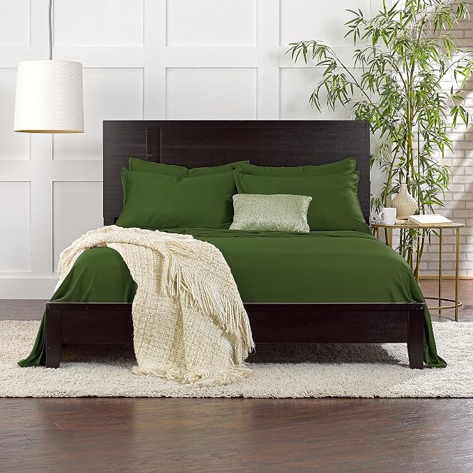 Pure Bamboo Split King Sheets, Genuine 100% Organic Viscose Derived from Bamboo Bed Sheet Set, Soft & Cooling, Double Stitching, 2 Fitted Sheets (Split King, Pesto)