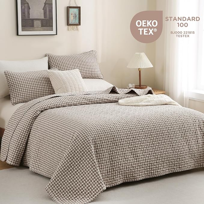 TOCOMOA Tan Gingham Quilt Bedding Set 100% Washed Cotton Bedspread Coverlet Like Linen Feel Soft Comfy Breathable 3 Piece Brown Plaid Checkered Lightweight Comforter Set for All Season, King 106"x96"