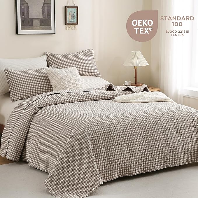TOCOMOA Tan Gingham Quilt Bedding Set 100% Washed Cotton Bedspread Coverlet Like Linen Feel Soft Comfy Breathable 3 Piece Brown Plaid Checkered Lightweight Comforter Set for All Season, Twin 68"x86"