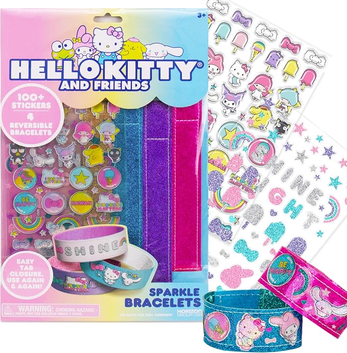 Hello Kitty® and Friends Sparkle Bracelets, Customize 4 Reversible Glitter Bracelets for Kids with Puffy Stickers, Kawaii Jewelry Craft, Cute Girls' Jewelry Kit, DIY Accessories Gift Ages 3+