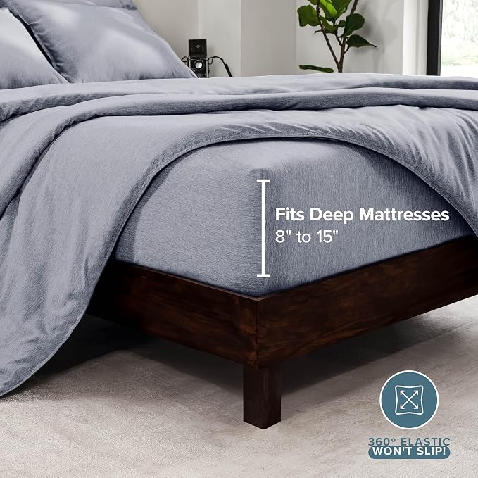 Bare Home Bed-in-A-Bag 7 Piece Comforter & Sheet Set - Queen - Goose Down Alternative - Ultra-Soft 1800 Premium Bedding Set - Cationic (Queen, Heathered Midnight Blue)