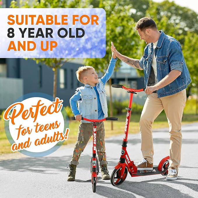 Compact Kick Scooter for Teens - Folding Stand Kick Scooters w/Adjustable Height, Alloy Anti-Slip Deck, 8” Wheels, Mud Guard Front Wheel, for Kids, Boys/Girls 8+-Year-Old - Hurtle HURTSBU (Red)