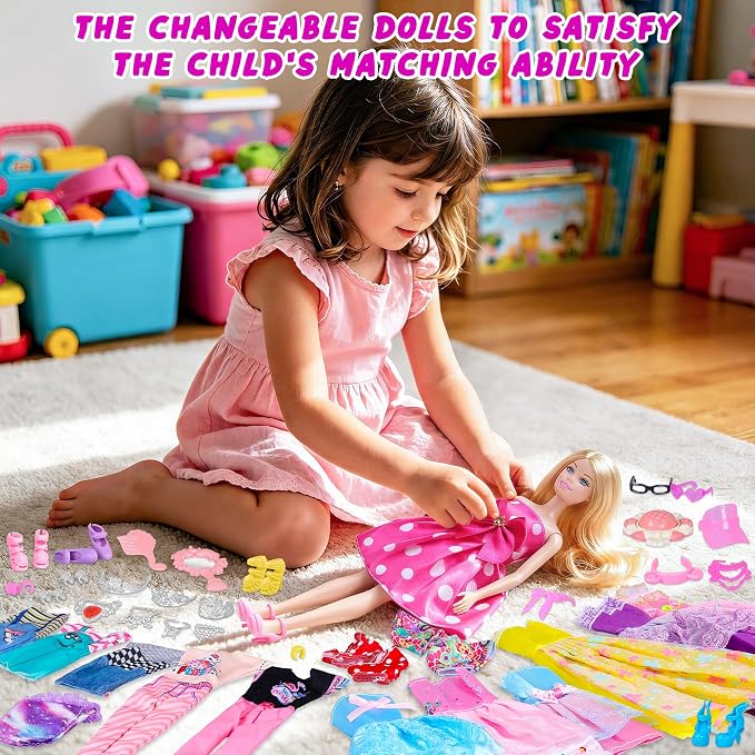135 Pcs Doll Clothes and Accessories with Doll, Princess Gowns, Fashion Dresses, Slip Dresses, Top, Pants, Jumpsuit, Swimsuits, Shoes, Hangers, Doll Dress up Toys for Girls Kids Toddlers Toy Gifts