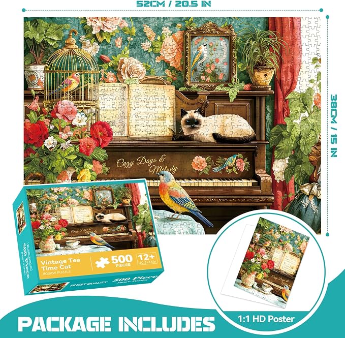 500 Piece Jigsaw Puzzle for Adults –Cat Piano Flowers Jigsaw Puzzles 500 Pieces, Vintage Floral Wallpaper Puzzles for Adults 500 Pieces, Challenging Perfect for Game Nights, 20.5 X 15 in