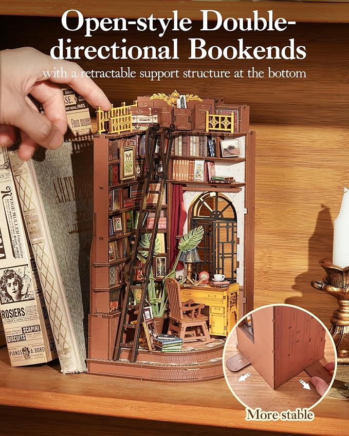 ROBOTIME DIY Miniature Dollhouse Kit, Mini House Book Nook Kits Bookshelf Decor, Vintage Bookstore with Led Light, 3D Wooden Puzzle Gifts for Adults Book Lovers Family Friends (Silent Corner Study)
