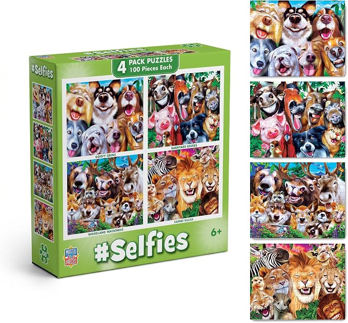 MasterPieces – Jigsaw Puzzle Set for Kids 6+ Years, 4-Pack of 100 Pieces, Educational and Fun Game, Silly Animals Collection, Gift Idea for Children, 8" x 10"
