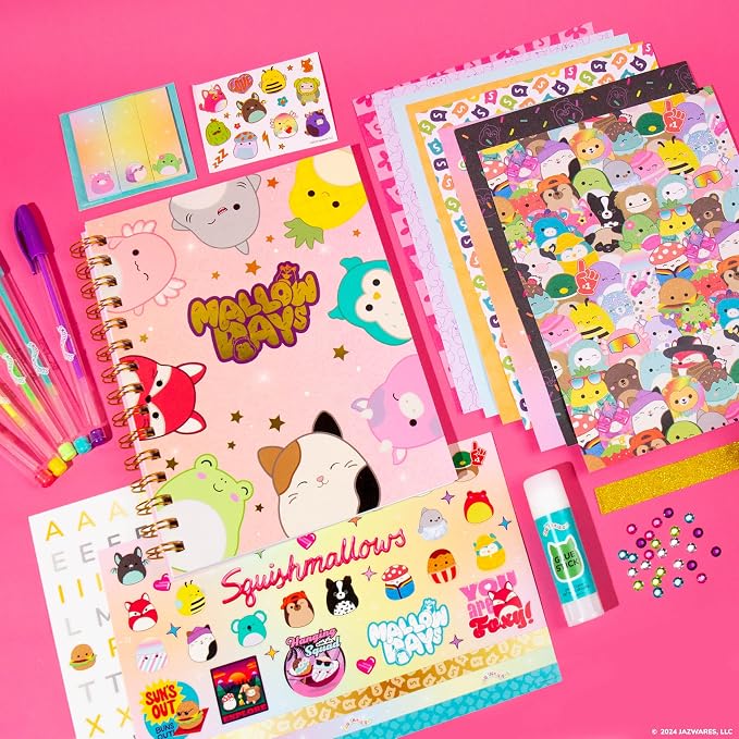 Squishmallows Original DIY Journaling Set, Journaling Kit with Gel Pens, Stickers, Sticky Notes, and Gems, Scrapbook for Kids, Cute Stationary Set, Notebook for Girls, Diary for Girls Ages 8-12