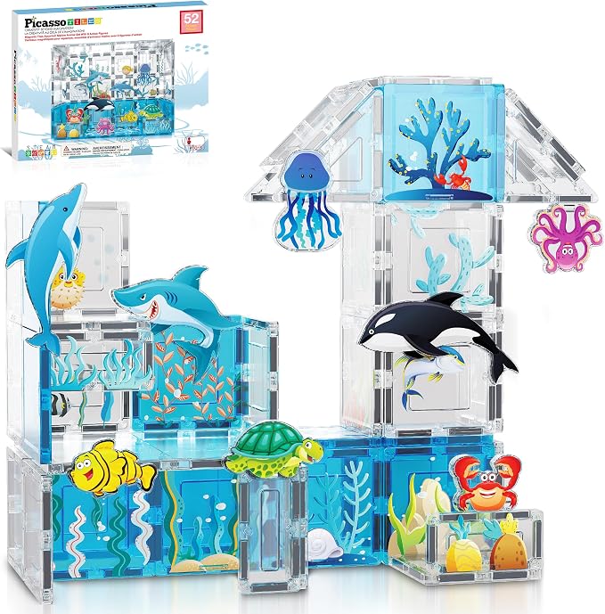 PicassoTiles Magnet Tiles Magnetic Building Blocks Aquarium Marine Animal Theme Set with 8 Character Action Figures Shark Crab Turtle STEM Toys Construction Preschool Toddlers Kids Boys Girls 3+ PTQ15