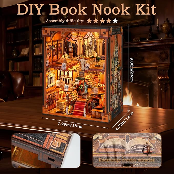 Book Nook Library kit - DIY Miniature House Kit for Adults & Teens, Dollhouse Booknook Bookshelf Insert Decor with LED Light, Unique Gift for Family, Friends（Window of the World）