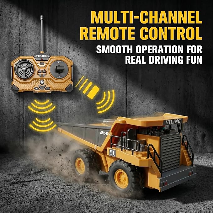 RC Dump Truck Toy, Remote Control Construction Vehicle with Tipping Bed, All-Terrain Off-Road Truck for Sandbox Indoor Outdoor, Gift for Kids & Boys Dozer withLights & Sounds 1:20 Scale Construction