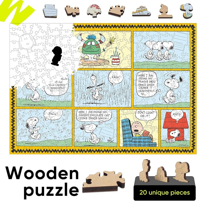 Peanuts Puzzles for Adults – Charlie Brown Wooden Puzzles, 300 Pieces Unique Shaped Jigsaw Puzzles, Snoopy Gifts for Women, 5MM Thick, Officially Licensed Merchandise – Good Ol Comic, 15.1" x 10.6"