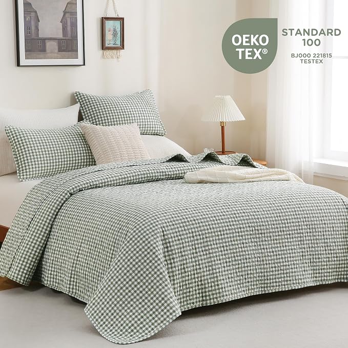 TOCOMOA Green Brown Gingham Quilt Bedding Set 100% Washed Cotton Bedspread Coverlet Like Linen Feel Soft Comfy Breathable 3 Pcs Plaid Checkered Lightweight Comforter Set for All Season, King 106"x96"
