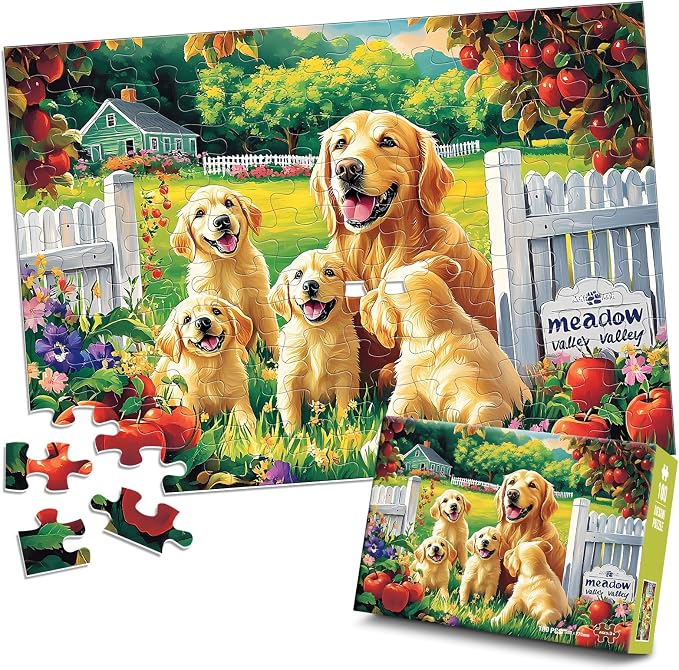 Jeacirio Puzzles for Kids Ages 4-6 6-8, 100 Piece Puzzles for Kids, Golden Retriever Dog Family Jigsaw Puzzle, Educational Puzzle Toys for Boys and Girls, Kids Puzzles Ages 5-8 8-10, 15 x 11 Inch