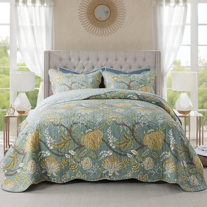 NEWLAKE Bedspread Quilt Sets-Reversible Patchwork Coverlet Set, Green Floral Pattern, King Size
